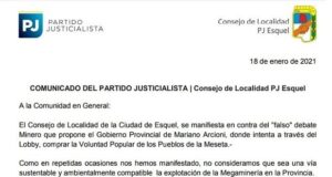 Esquel | El Consejo de Localidad del PJ se manifestó en contra del “falso debate minero”