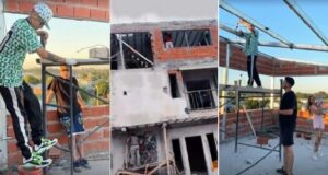 L-Gante fue a ver los avances en la construcción de su casa y se puso a trabajar con los albañiles